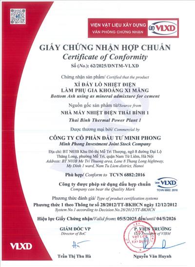 Giấy chứng nhận hợp chuẩn: Xỉ đáy lò nhiệt điện làm phụ gia khoáng xi măng