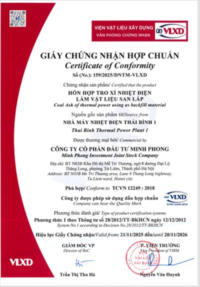 Giấy chứng nhận hợp chuẩn: Hỗn hợp tro xỉ nhiệt điện làm vật liệu san lấp