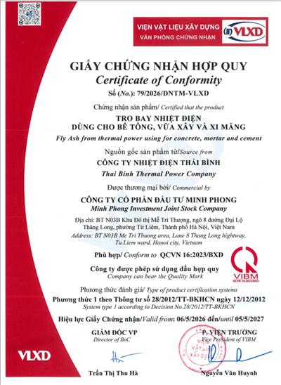 Giấy chứng nhận hợp quy: Tro bay nhiệt điện dùng cho bê tông, vữa xây và xi măng