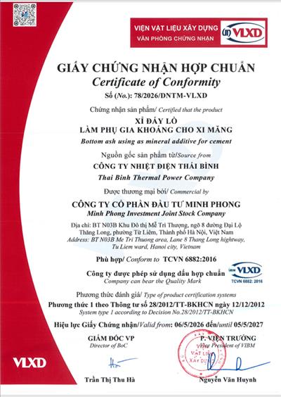 Giấy chứng nhận hợp chuẩn: Xỉ đáy lò làm phụ gia khoáng cho xi măng